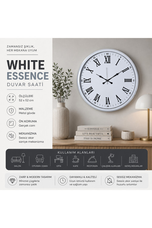 White Modern 52 x 52 cm Duvar Saati