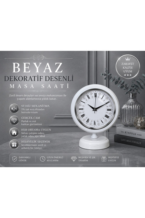 Beyaz Dekoratif Desenli 25 x 20 cm Metal Masa Saati