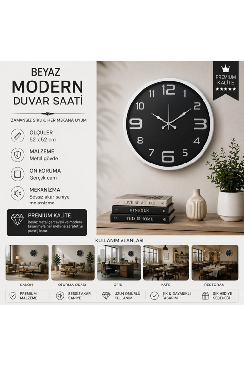 Beyaz Modern 52 x 52 cm Duvar Saati