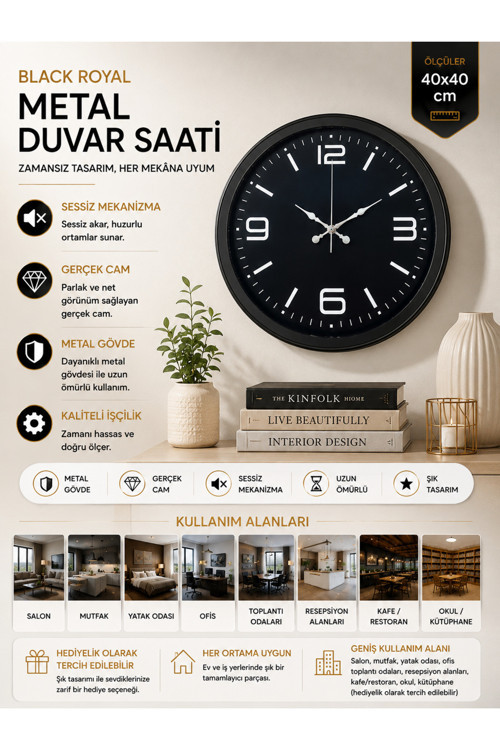 Black Royal Tasarım 40 cm Metal Duvar Saati