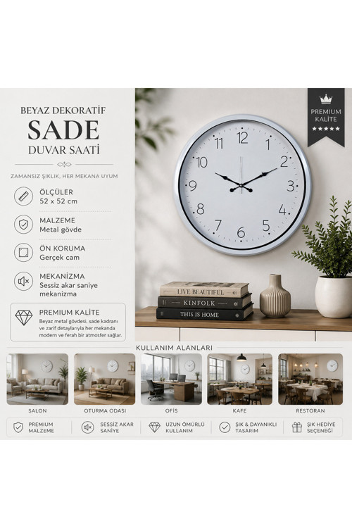Beyaz Dekoratif Sade 52 x 52 cm Duvar Saati