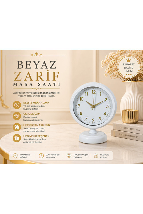 Beyaz 25 x 20 cm Metal Gold Detaylı Masa Saati