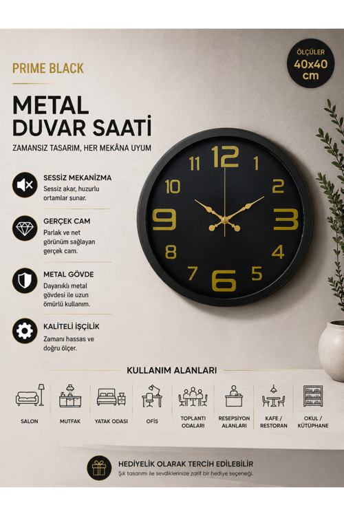 Prime Black 40 cm Metal Modern Tasarım Duvar Saati