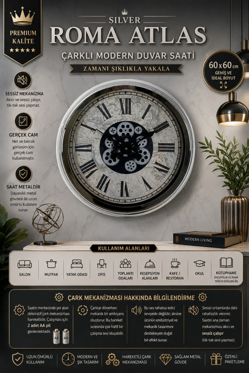Roma Atlas Silver 60 cm Çarklı Krom Duvar Saati