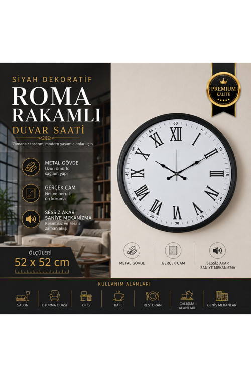 Siyah Dekoratif Roma Rakamlı 52 x 52 cm Duvar Saati