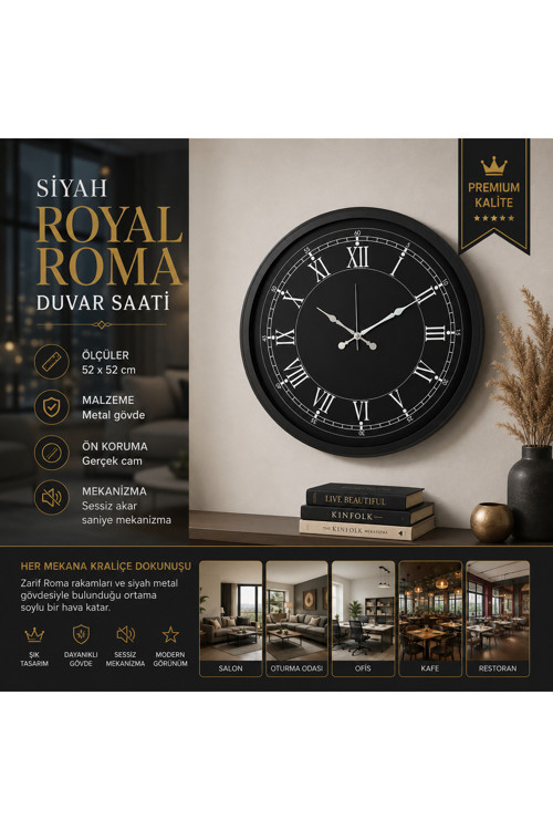 Siyah Royal Roma 52 x 52 cm Duvar Saati