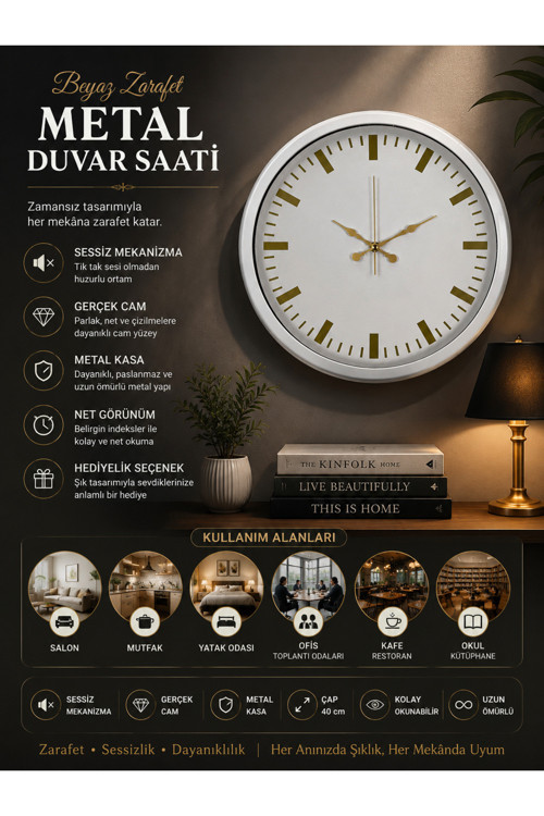 Beyaz Zarafet 40 cm Metal Duvar Saati