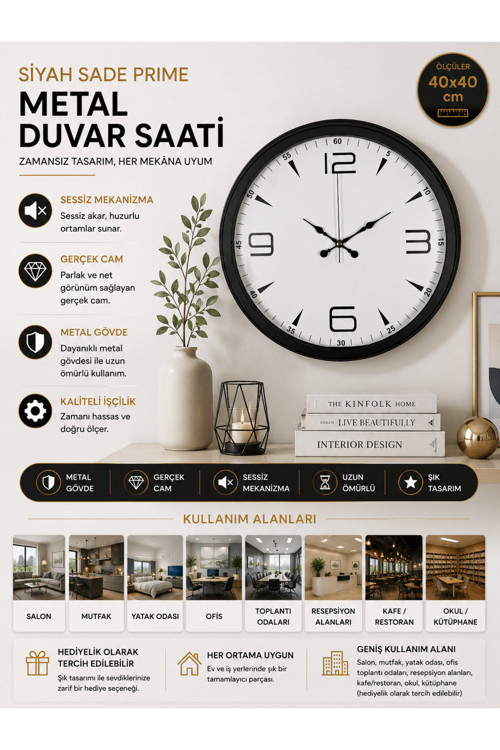 Precision Black 40 cm Metal Duvar Saati