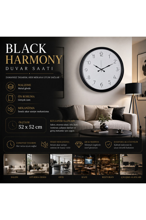 Black Harmoney 52 x 52 cm Duvar Saati