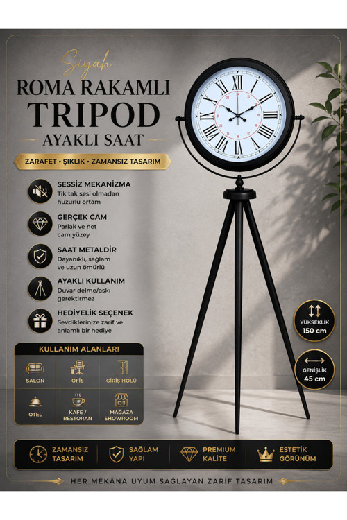 Siyah Roma Rakamlı Lüks Tasarım Tripod Ayaklı Saat
