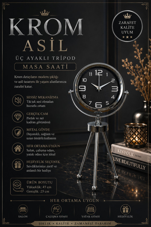Krom Asil Üç Ayaklı Metal Masa Saati
