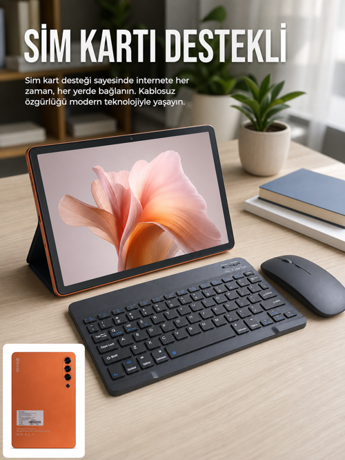 SIM Kart Destekli Android Tablet Bluetooth Klavye ve Kablosuz Mouse Seti Geniş Ekran Taşınabilir Tas