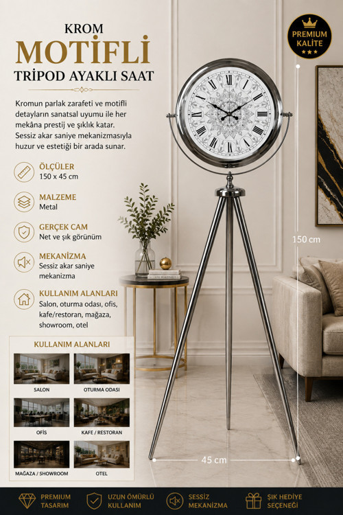 Krom Motifli 150 x 45 cm Metal Tripod Ayaklı Saat