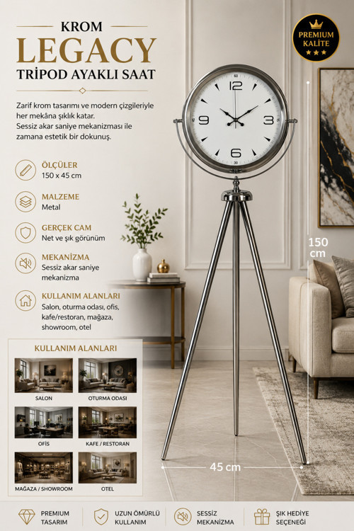 Krom Legacy 150 x 45 cm Metal Tripod Ayaklı Saat
