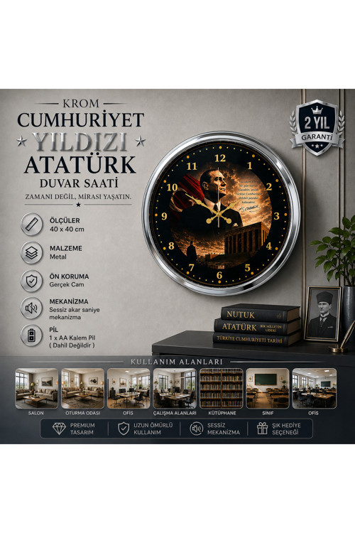 Krom Cumhuriyet Yıldızı 40 x 40 cm Metal Atatürk Duvar Saati
