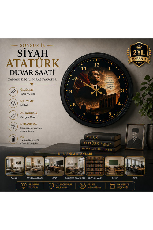Sonsuz İz Siyah 40 x 40 cm Metal Atatürk Duvar Saati