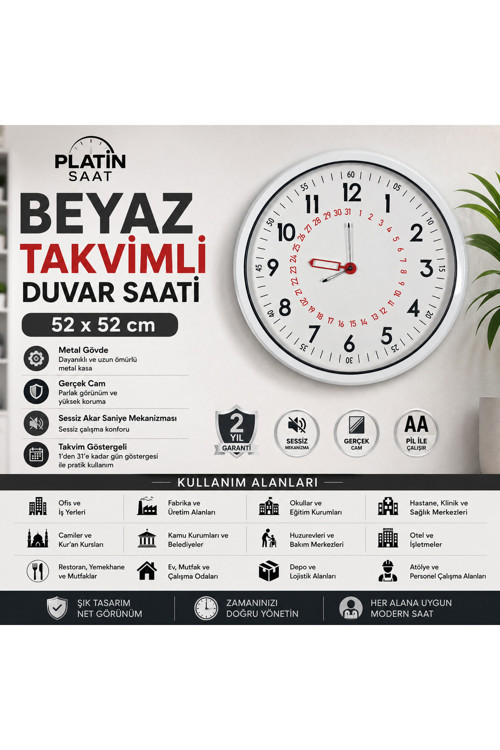 Beyaz Takvimli 52 x 52 cm Metal Duvar Saati
