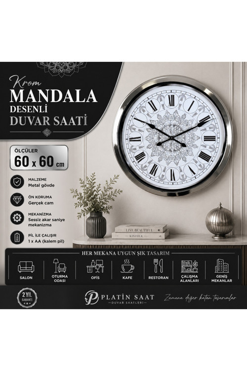 Krom Mandala Desenli 60 x 60 cm Metal Duvar Saati