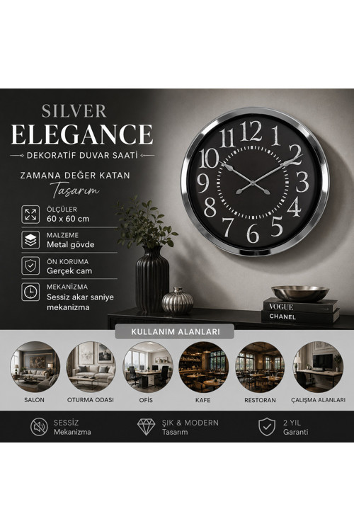 Silver Elegance Dekoratif 60 x 60 cm Metal Duvar Saati