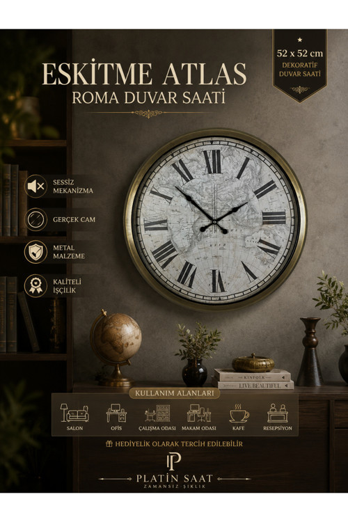 Eskitme Atlas 52 cm Metal Roma Duvar Saati