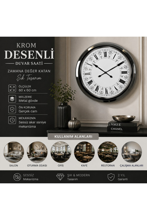 Krom Desenli 60 x 60 cm Metal Duvar Saati