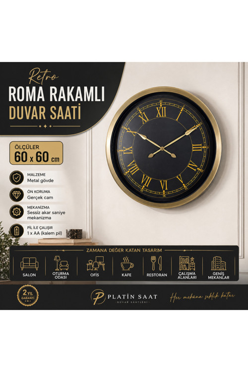 Retro Roma Rakamlı 60 x 60 cm Metal Duvar Saati