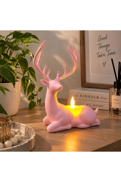 Geyik Biblo Mumluk – LED Tealight Mumlu Dekoratif Masa ve Ev Süsü, 18 cm - Pembe
