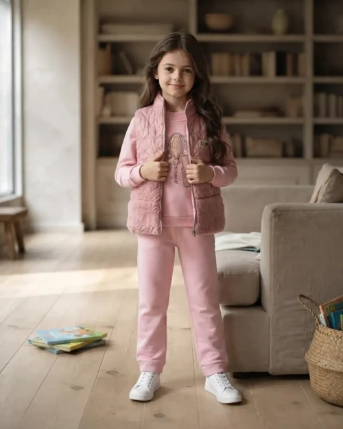 Kız Çocuk Pembe Peluş Yelekli Takım Modeli