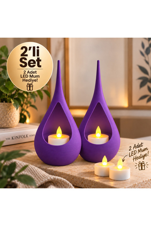 2’li Dekoratif Mumluk Seti – Modern Teardrop Tasarım, 2 Adet LED Mum Hediyeli, Şık Ev Dekorasyonu - Mor