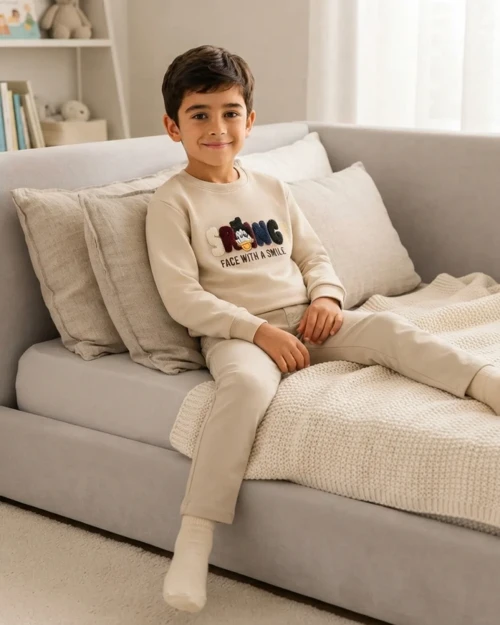Bej Face Baskılı Erkek Çocuk Şardonlu Takım