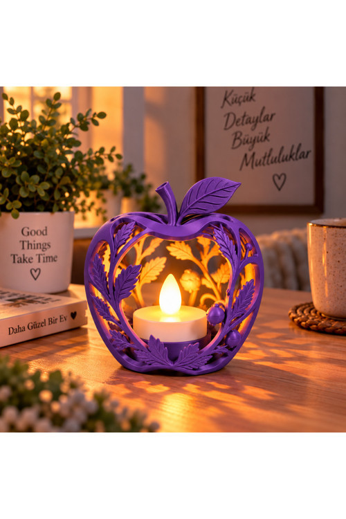 Elma Figürlü Dekoratif Mumluk – Yaprak Desenli Tealight Mumluk, Dekoratif LED Mum Hediyeli - Mor