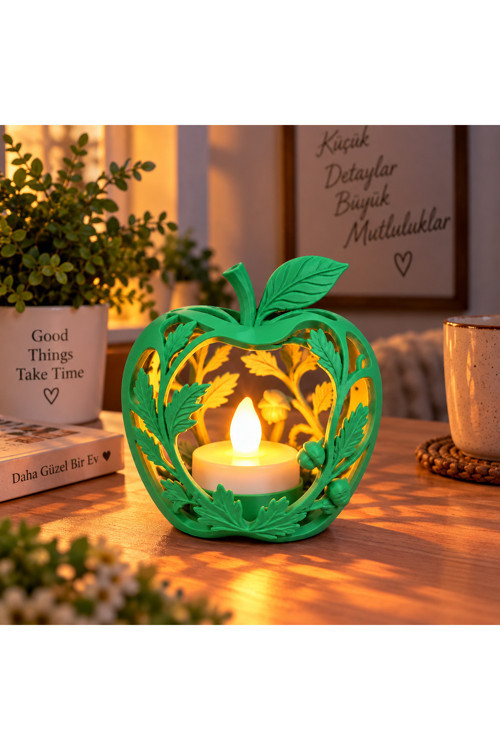 Elma Figürlü Dekoratif Mumluk – Yaprak Desenli Tealight Mumluk, Dekoratif LED Mum Hediyeli - Yeşil