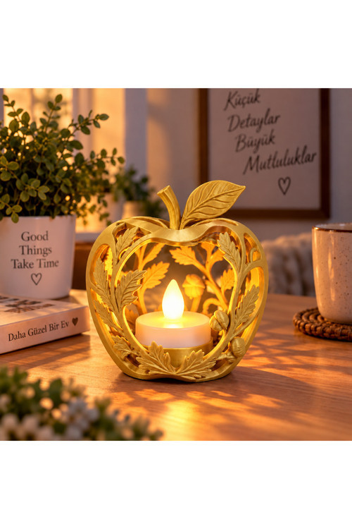 Elma Figürlü Dekoratif Mumluk – Yaprak Desenli Tealight Mumluk, Dekoratif LED Mum Hediyeli - Gold