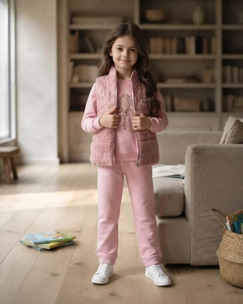 Kız Çocuk Pembe Peluş Yelekli Takım Modeli