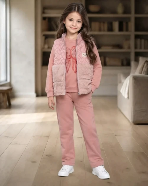 Kız Çocuk Pudra Peluş Yelekli Üçlü Takım Kışlık
