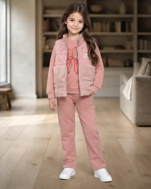 Kız Çocuk Pudra Peluş Yelekli Üçlü Takım Kışlık