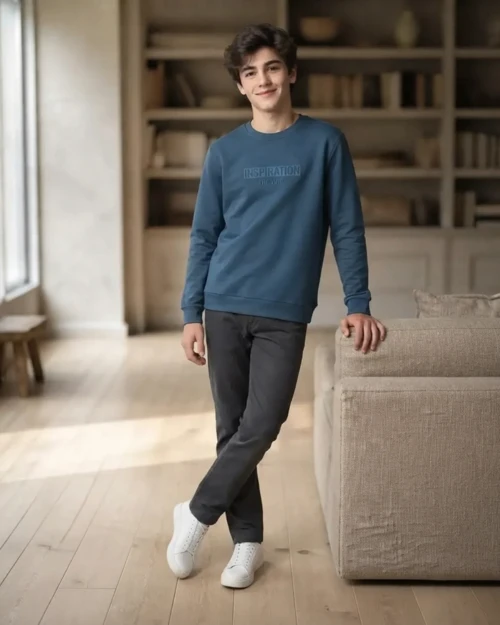 Inspiration Baskılı Erkek Çocuk Kışlık Sweatshirt Mavi – Açık