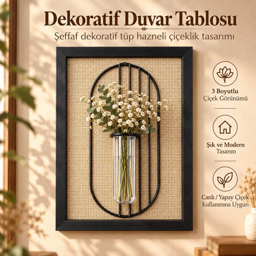 Siyah Ahşap Çerçeveli Hasır Zeminli Metal Detaylı Tüp Vazolu Dekoratif Duvar Tablosu - 21x30 cm