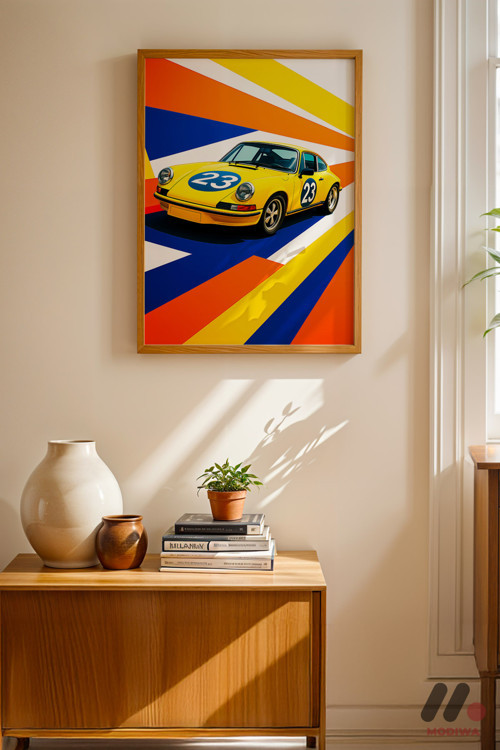 Sarı Yarış Coupe Pop Art, Ahşap Çerçeveli Duvar Tablosu - Oto Severlere Özel Hediye