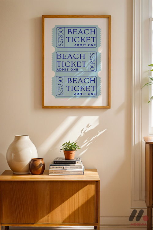 Beach Ticket Retro Poster, Ahşap Çerçeveli Duvar Tablosu - Huzurlu Ev Dekorasyonu