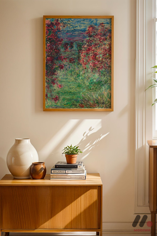 Claude Monet Çiçekli Ev Bahçesi, Ahşap Çerçeveli Duvar Tablosu - Sanatsever Hediyesi