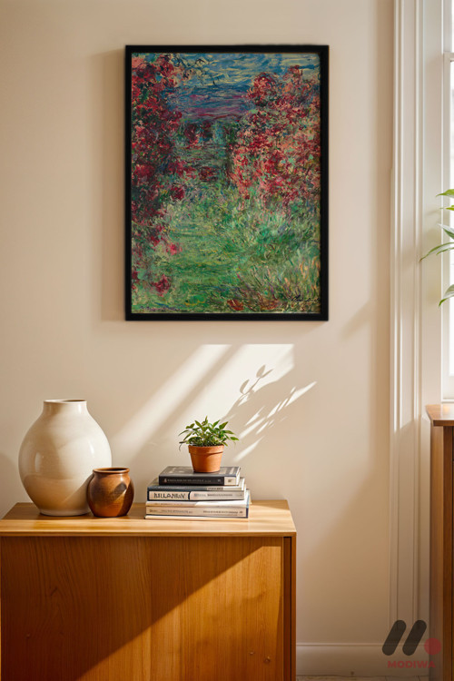Claude Monet Çiçekli Ev Bahçesi, Siyah Çerçeveli Duvar Tablosu - Sanatsever Hediyesi