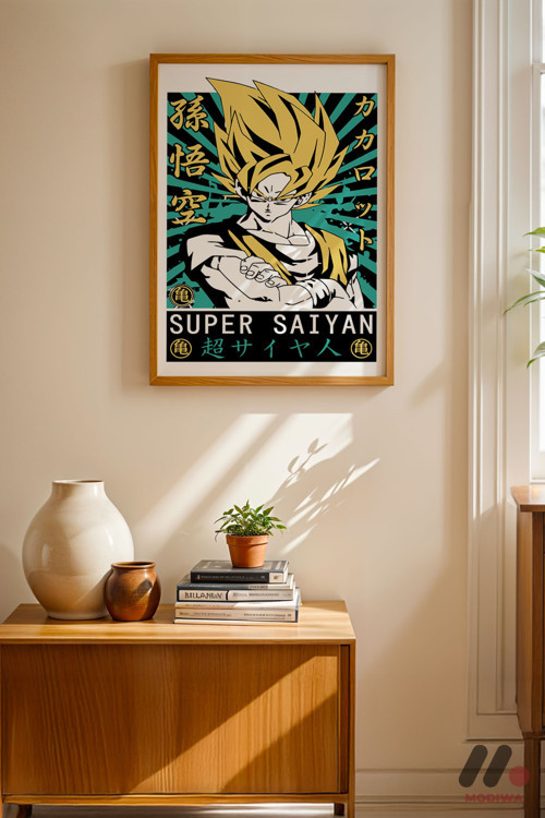 Dragon Ball Super Saiyan Goku Poster, Ahşap Çerçeveli Duvar Tablosu - Anime Severlere Özel Hediye