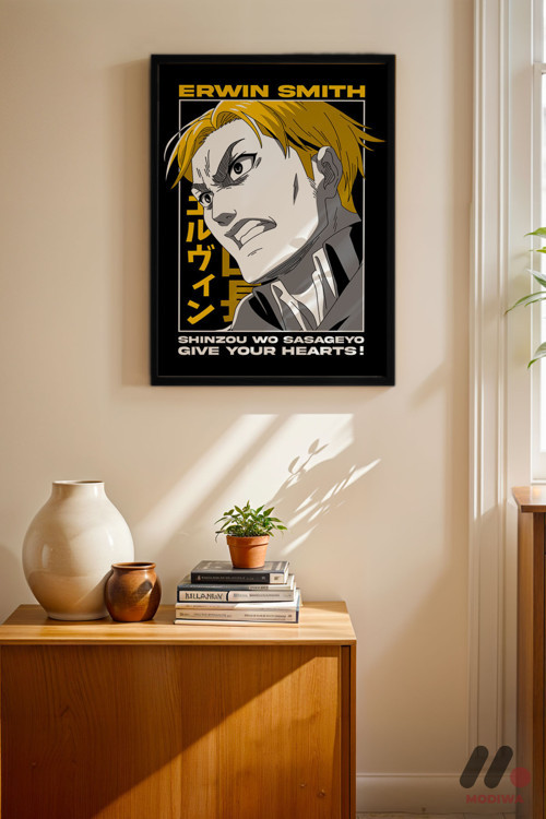 Attack On Titan Erwin Smith Anime Poster, Siyah Çerçeveli Duvar Tablosu - Anime Severlere Özel Hediy