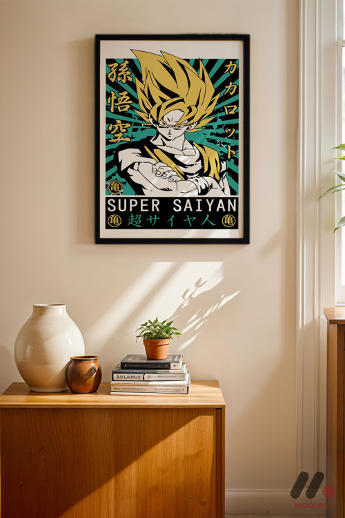 Dragon Ball Super Saiyan Goku Poster, Siyah Çerçeveli Duvar Tablosu - Anime Severlere Özel Hediye