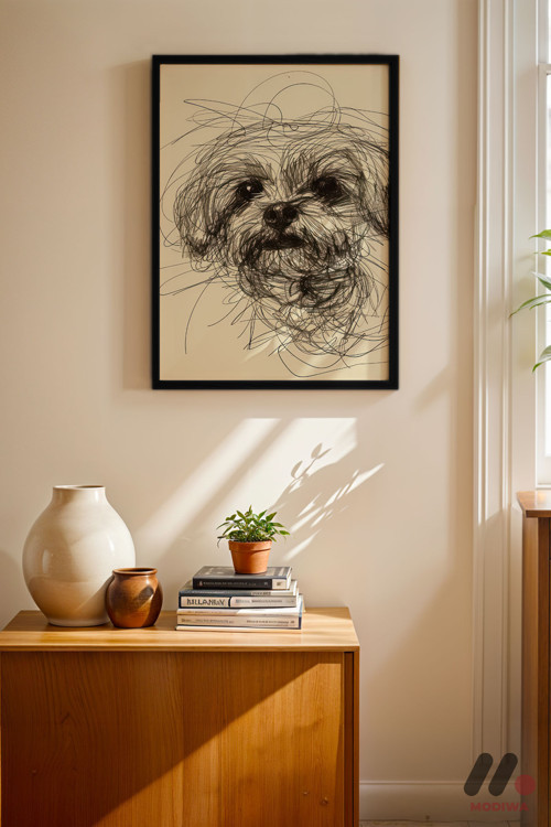 Köpek Çizgi Portresi, Siyah Çerçeveli Duvar Tablosu - Modern Ev Dekorasyonu
