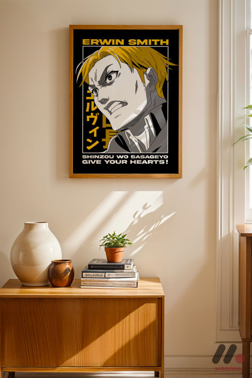 Attack On Titan Erwin Smith Anime Poster, Ahşap Çerçeveli Duvar Tablosu - Anime Severlere Özel Hediy