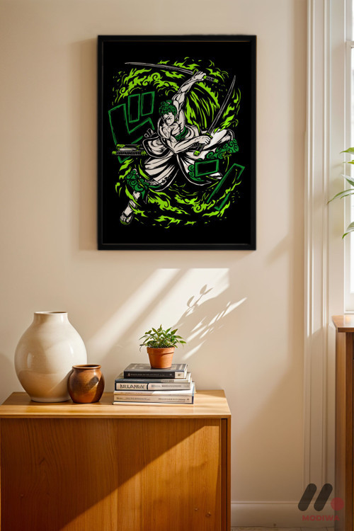 One Piece Zoro Anime Poster, Siyah Çerçeveli Duvar Tablosu - Anime Severlere Özel Hediye