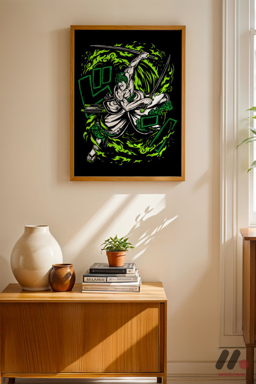 One Piece Zoro Anime Poster, Ahşap Çerçeveli Duvar Tablosu - Anime Severlere Özel Hediye