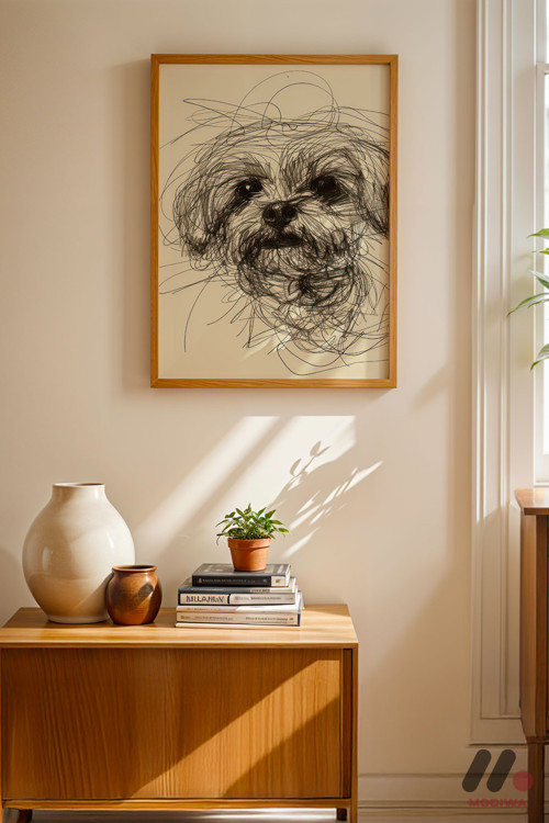 Köpek Çizgi Portresi, Ahşap Çerçeveli Duvar Tablosu - Modern Ev Dekorasyonu